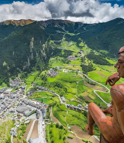 Aerial view of the observation deck and statue in Roc Del Quer, Andorra