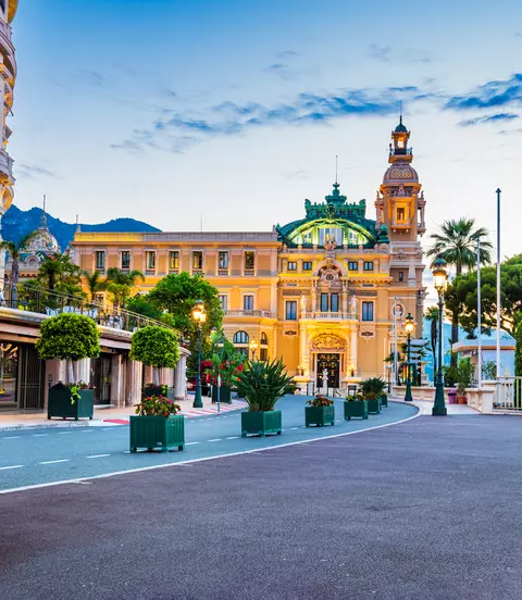 Street view at sunset in Monte Carlo, French Riviera