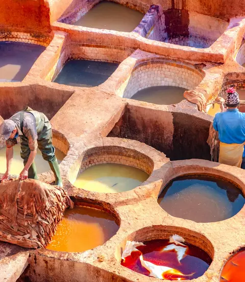 Leather dying in a traditional tannery in the city of Fez, Morocco