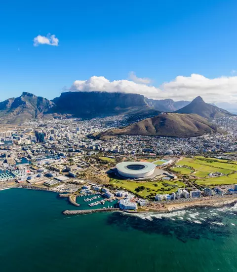 Aerial view of Cape Town, South Africa on a sunny afternoon. 