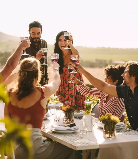 Group of friends toasting wine and enjoying dinner outdoors