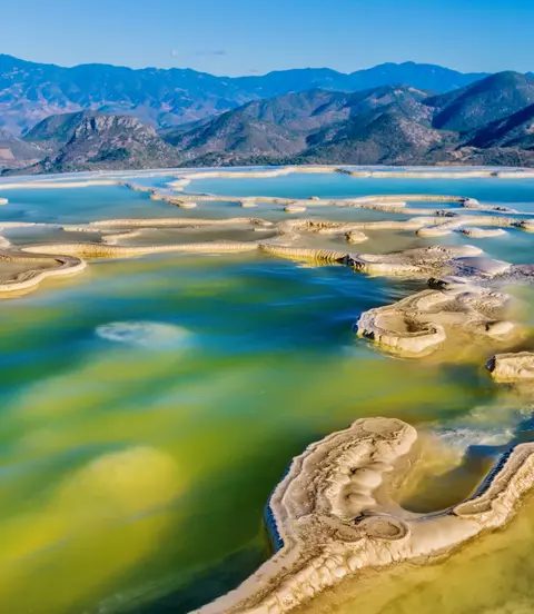 Hierve el Agua, a set of bubbling mineral springs with spectacular panoramas over the sierra, in the Central Valleys of Oaxaca, Mexico