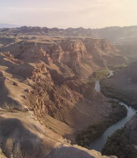 Aerial view of the Charyn Canyon and Charyn River in Kazakhstan, Central Asia, at sunset