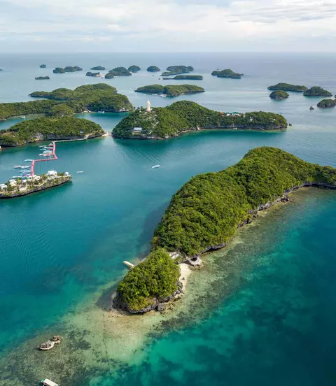 Scenic aerial  of the Hundred Islands National Park in Pangasinan, Philippines