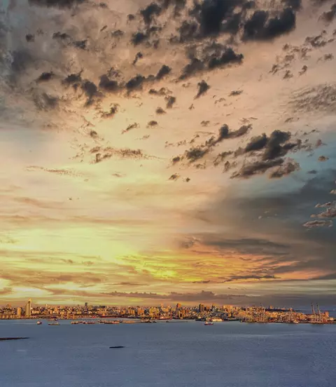 Panoramic view of Montevideo from Fortaleza General Artigas with a beautiful sunset sky