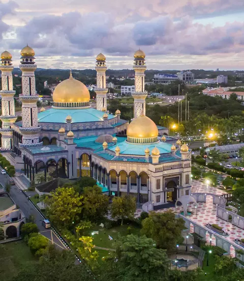 Aerial view of Jame' Asr Hassanil Bolkiah Mosque with 29 golden domes to honor the 29th Sultan of Brunei