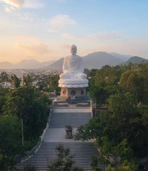 Aerial view of White Buddha statue on Long Son pagoda in Nha Trang city, Khanh Hoa province, central Vietnam