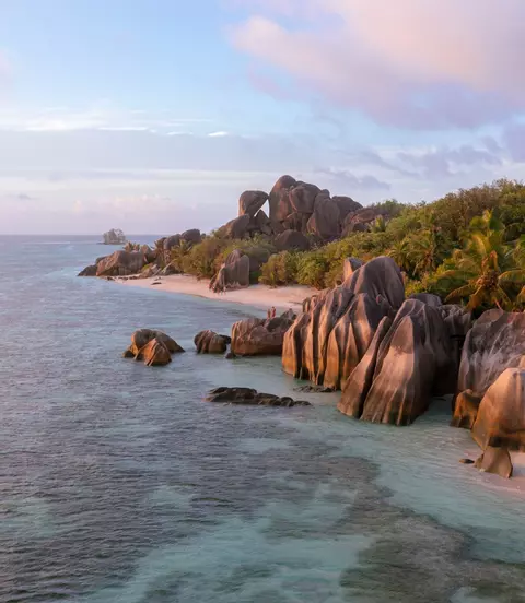 Beautiful landscape at Anse Source d'Argent beach on La Digue in the Seychelles