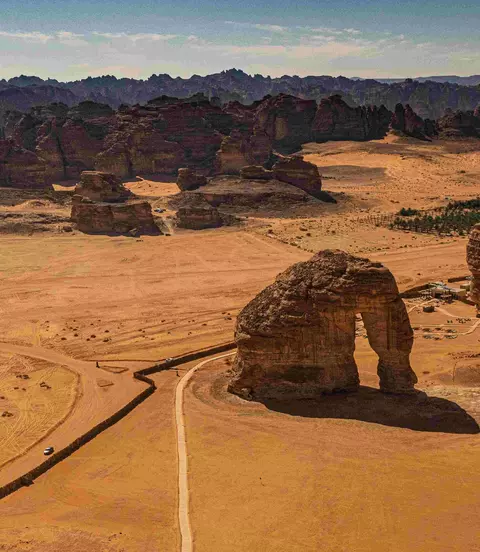 Aerial view of Elephant Rock (Jabal AlFil). From afar, this rock looks like an elephant with a ground-bound trunk.