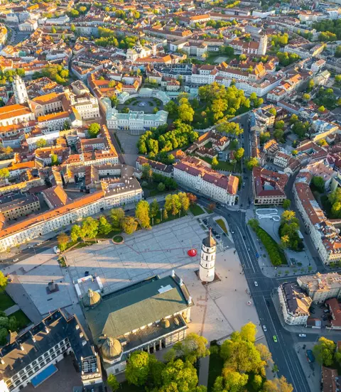 Aerial spring evening view in sunny Vilnius old town