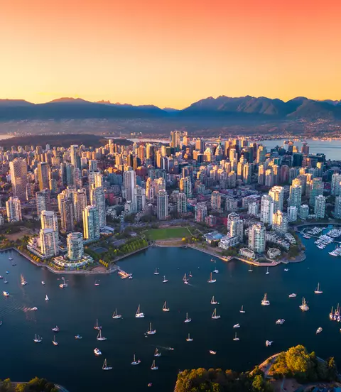 Beautiful aerial view of downtown at sunset