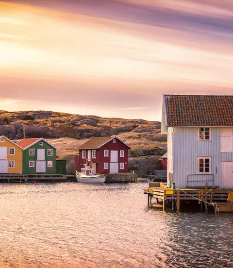 Beautiful landscape view of sunset and houses at Smogen