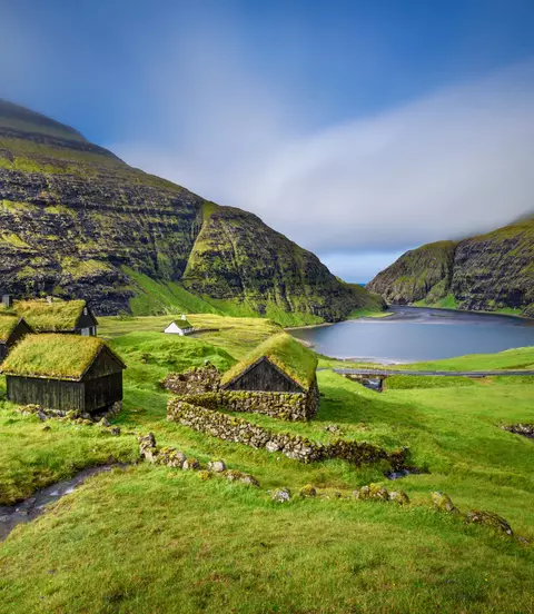 Colorful green landscape of the Village of Saksun located on the island of Streymoy, Faroe Islands