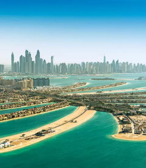 The Palm Jumeirah, with Dubai skyline in background