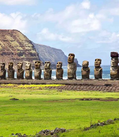 The moais stone platform of Ahu Tongariki on the south coast of Easter Island
