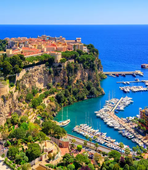 Old town and Prince Palace on the rock in Mediterranean Sea