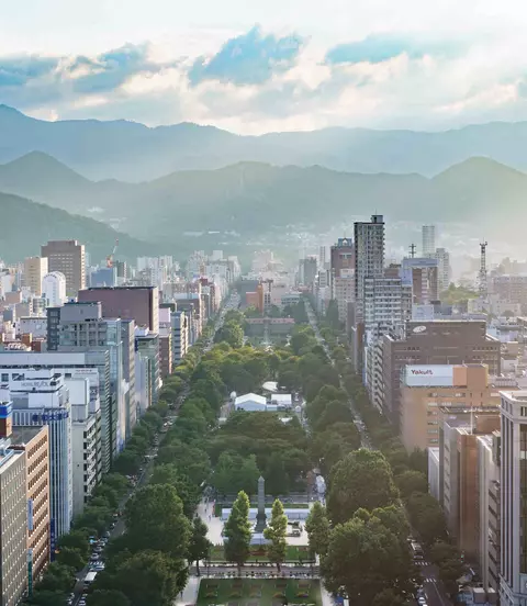 Looking out at Odori park from Sapporo TV tower in Sapporo, Hokkaido, Japan