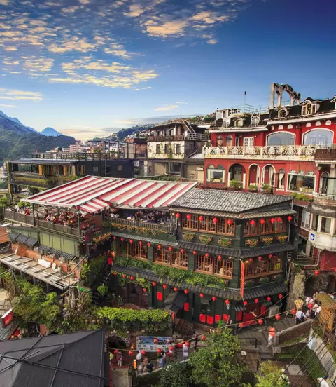 Evening view of hillside tea houses Jioufen village