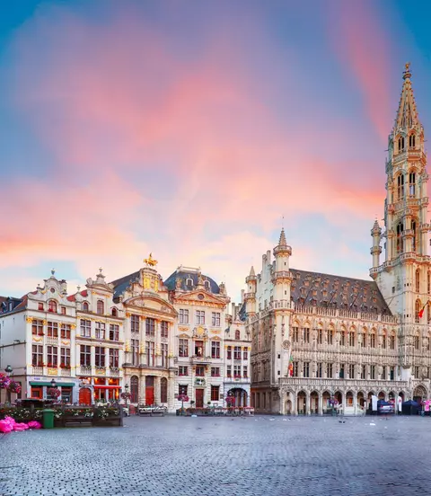 Bright and colorful sky just before sunset atop the Grand place, in Brussels, Belgium