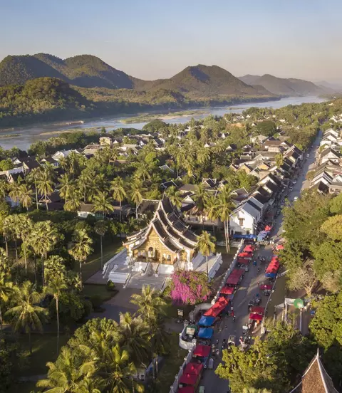 Aerial view of Luang Prabang along the Mekong River, an UNESCO World Heritage city in Laos