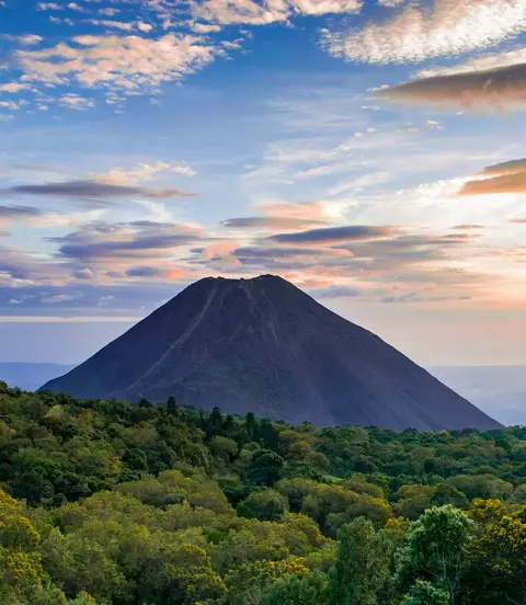 Izalco volcano rises up from the forest in El Salvador