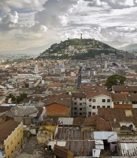 Skyline view of Quito, capital of Ecuador. It is situated on the lower slopes of the volcano Pichincha.