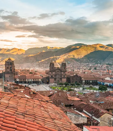 Panoramic view of Cusco and its colonial rooftops near the main square of Plaza de Armas near sunset in Peru