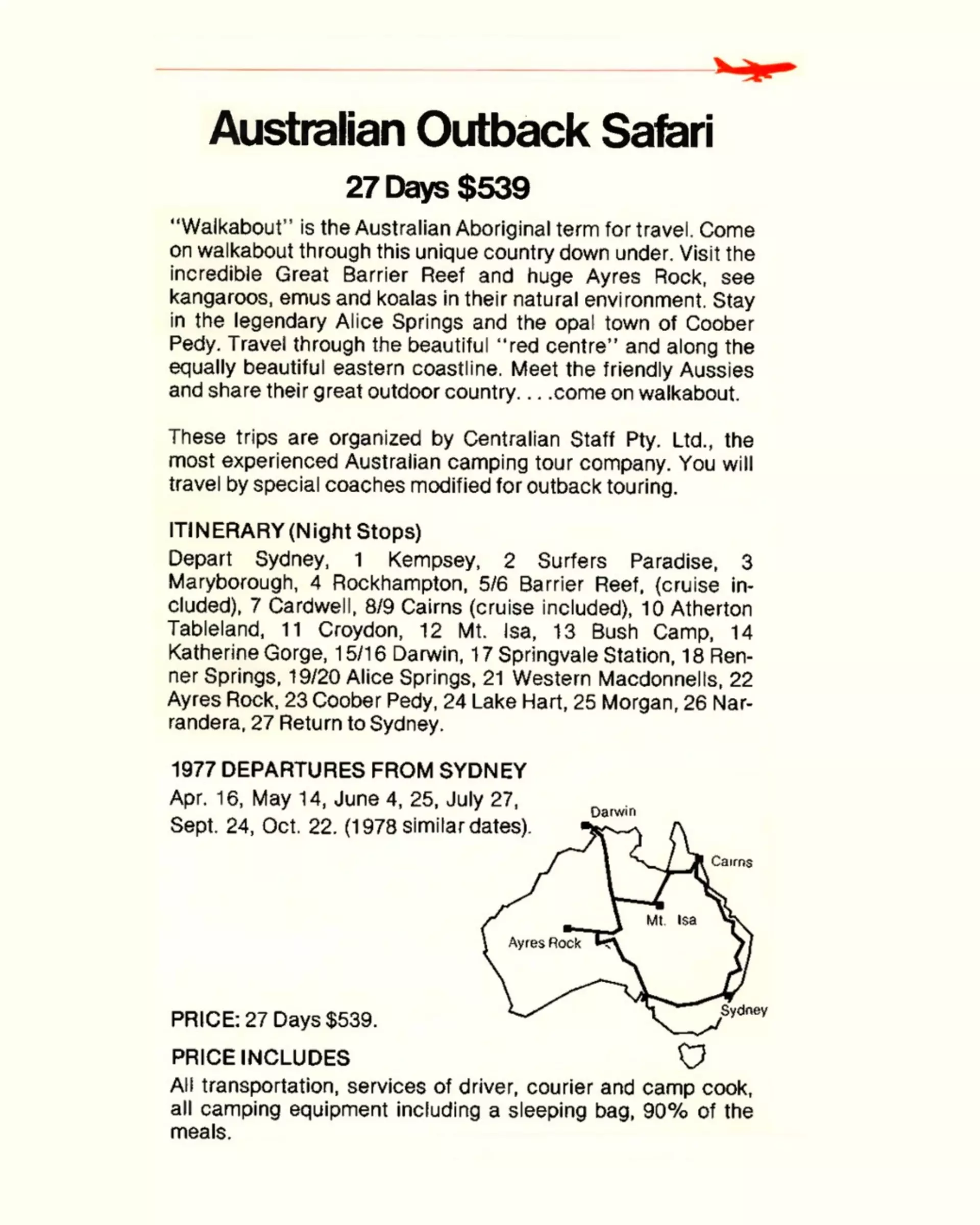 A page from a 1977 Goway brochure advertising Australian travel.