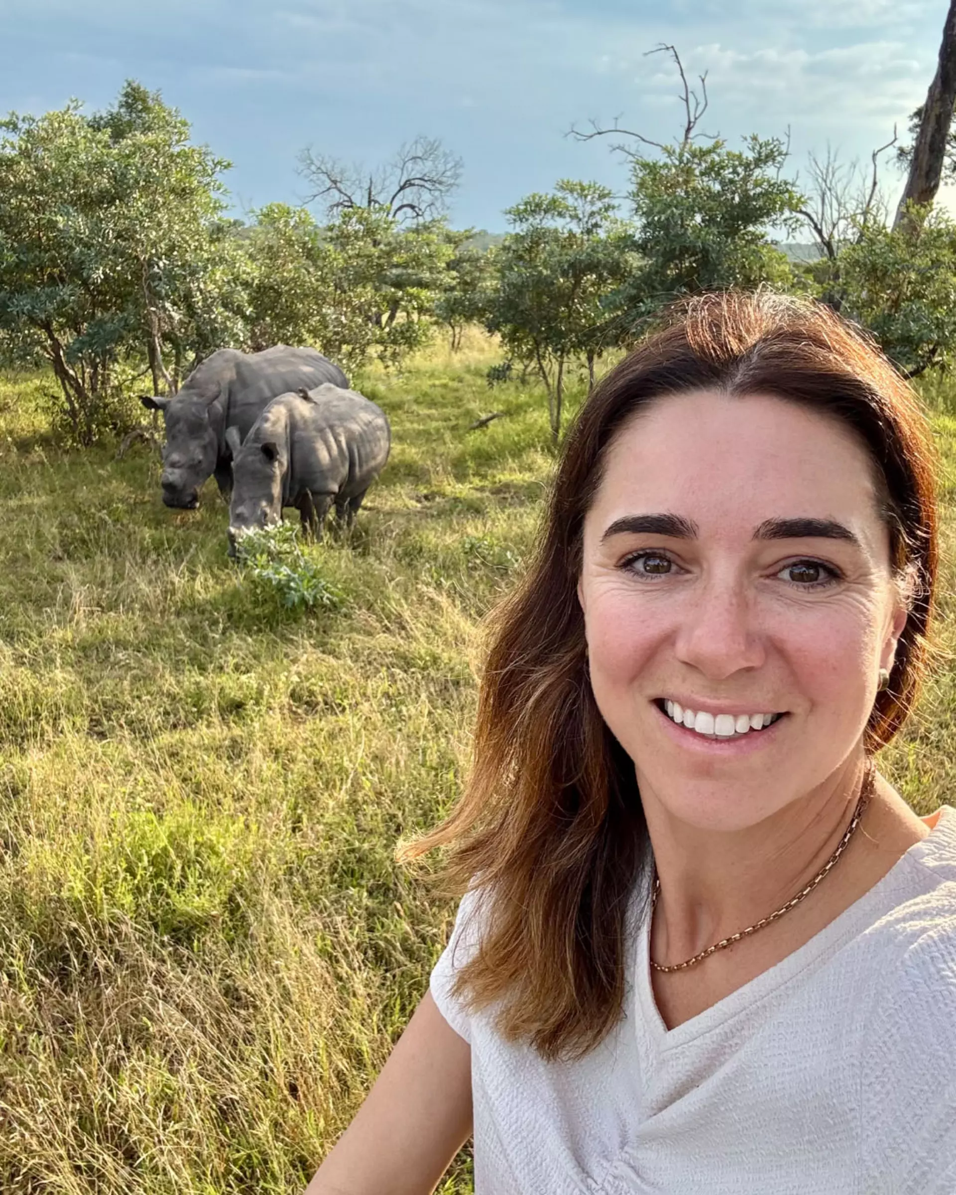 Bronwyn Hodge on safari in South Africa with white rhinos