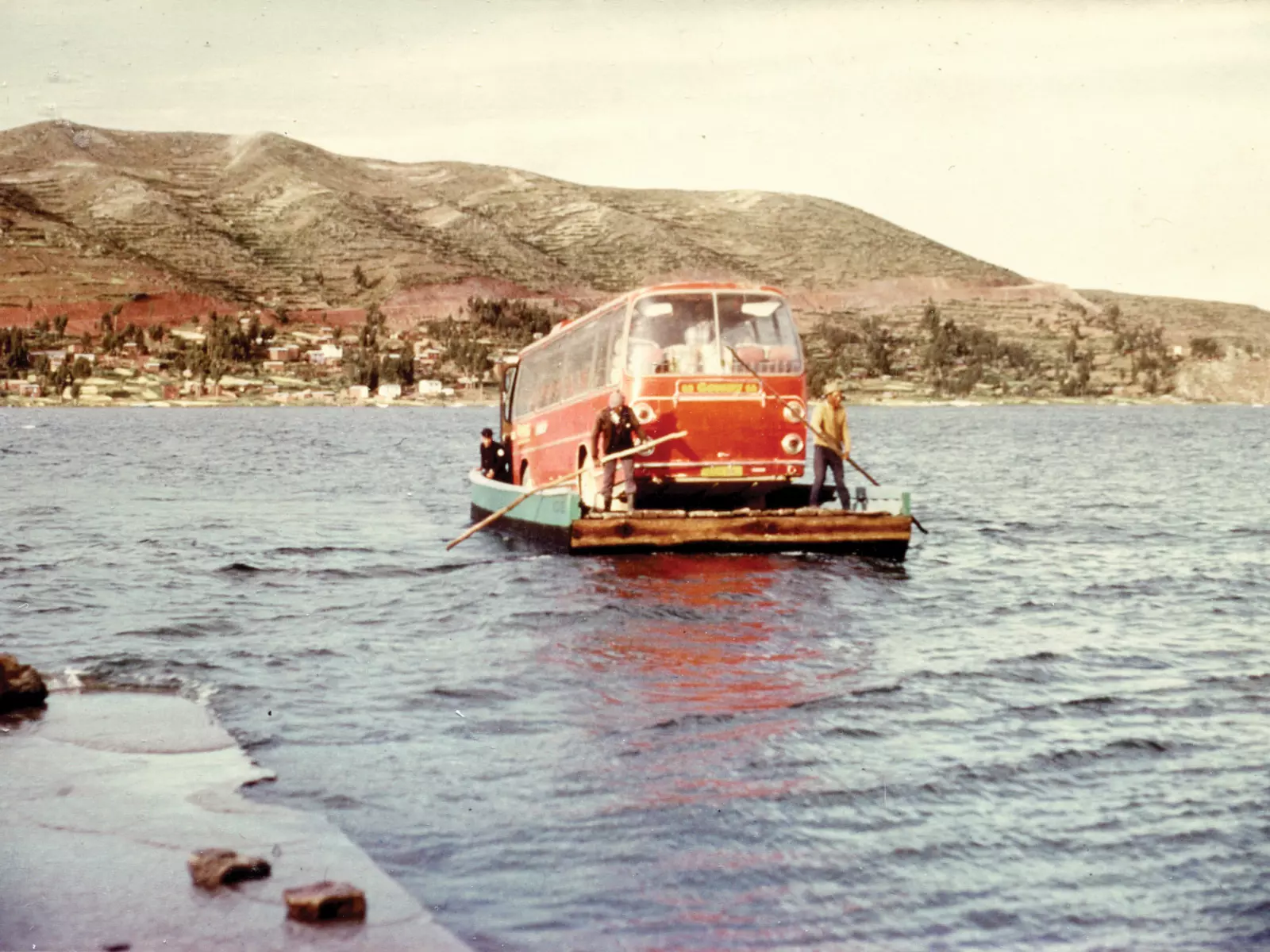 Goway bus crossing Lake Titicaca on a raft