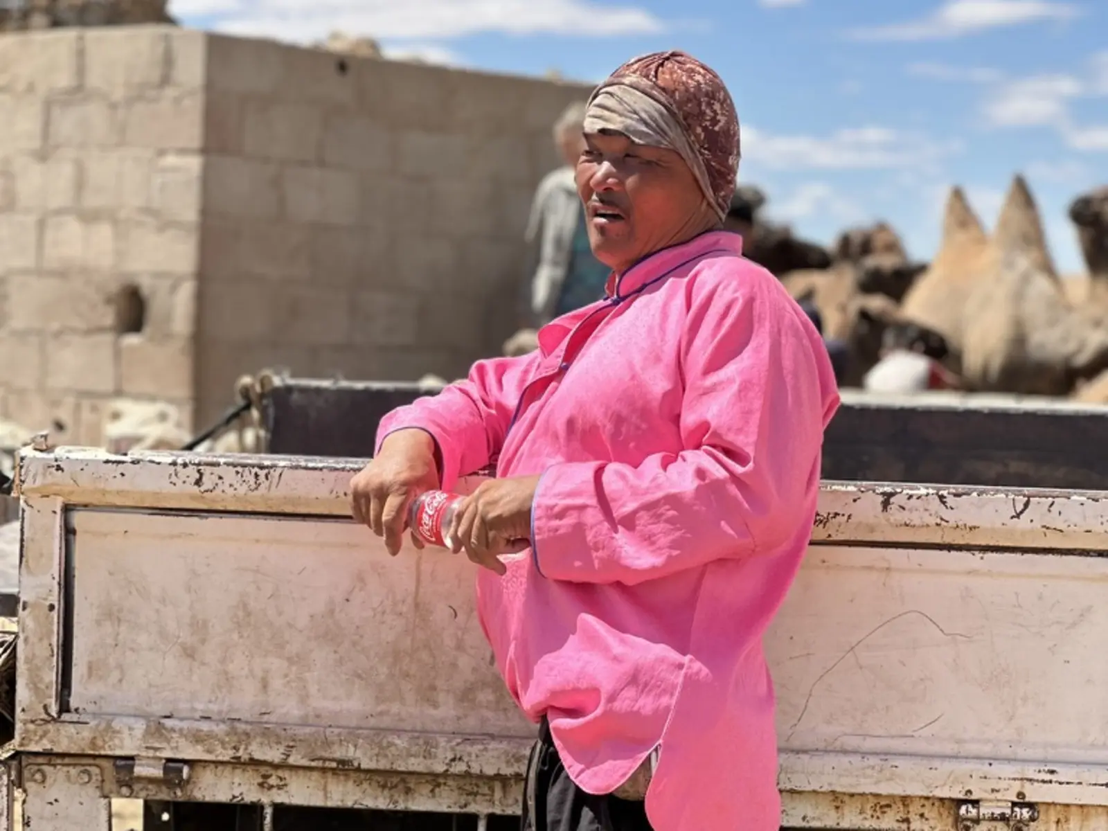 A camel herder in the Gobi desert