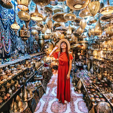 Copper souvenir handicraft shop in Marrakesh, Morocco