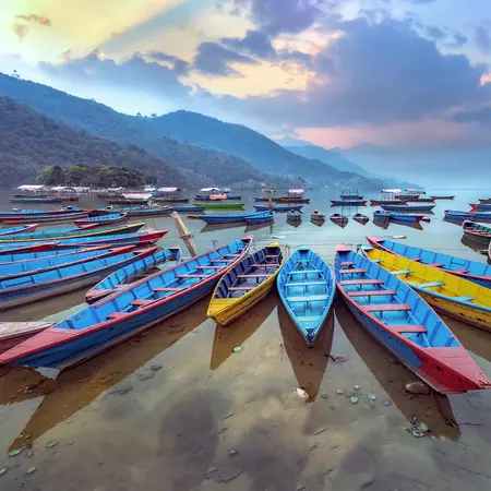 Color boat symbol of Phewa lake shore in Pokhara, Nepal