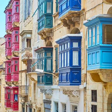 Coloured Maltese balconies, Republic street, Valletta, Malta