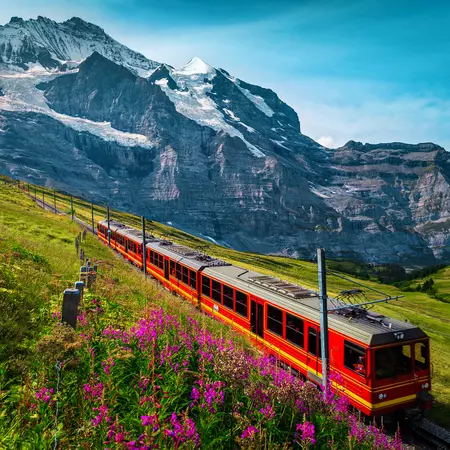 Electric passenger train and snowy Jungfrau mountains in background, Switzerland