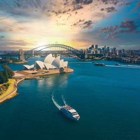Landscape aerial view of Sydney Opera house around the harbour