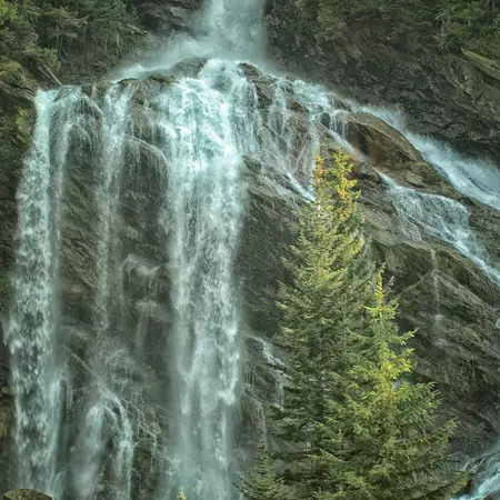 Train view of Pyramid Falls, Rocky Mountains