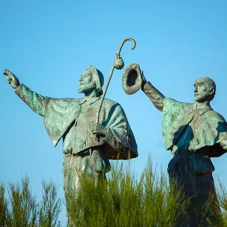 Statue of Pilgrims in the outskirts of Santiago de Compostela in Galicia, Spain