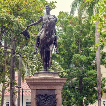 Statue of the state founder Simon Bolivar in Bolivar Park Plaza in Cartagena de Indias Colombia