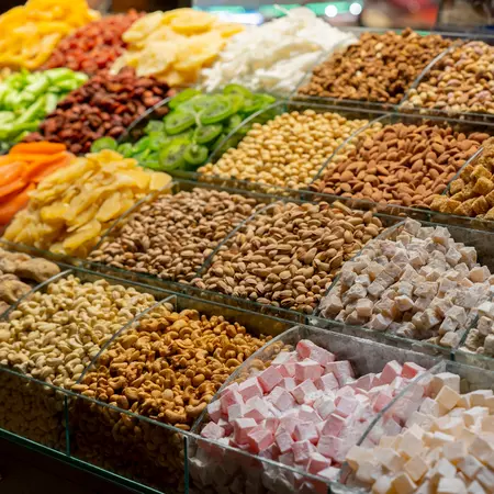 Traditional Turkish delight On Counter In Istanbul Grand Bazaar.
