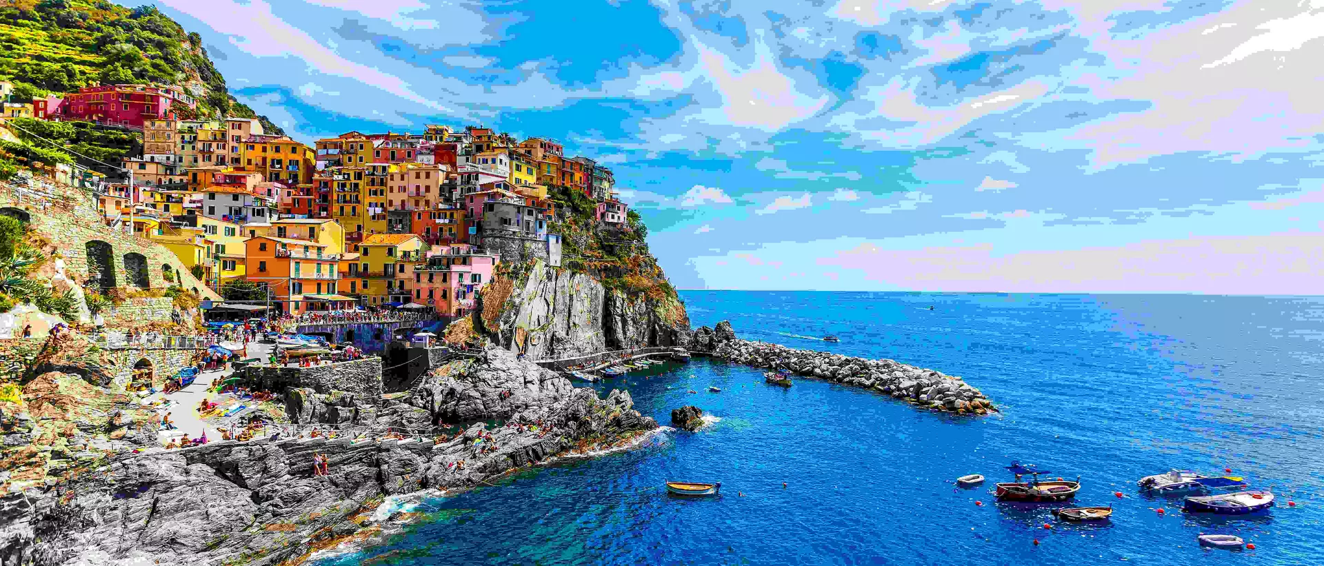 view of the colourful cliffside homes of Cinque Terre in Italy