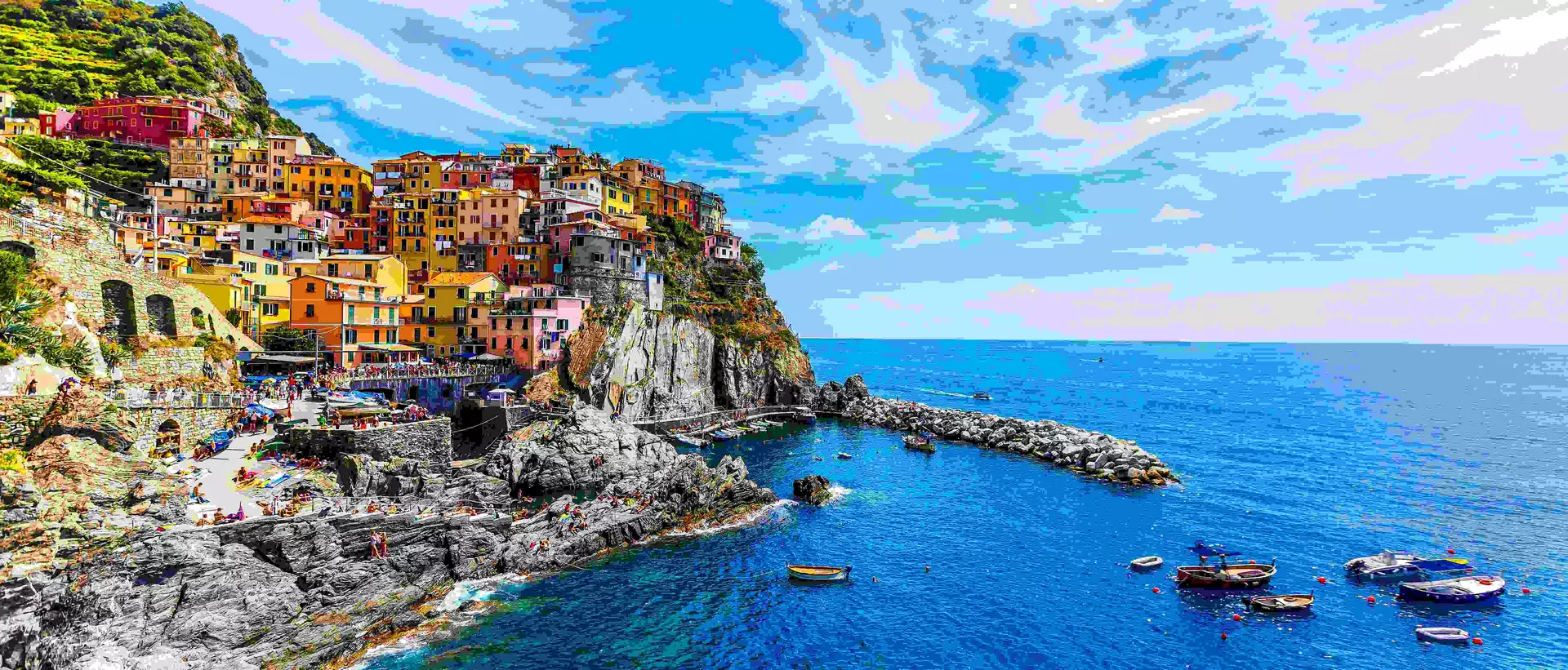 view of the colourful cliffside homes of Cinque Terre in Italy