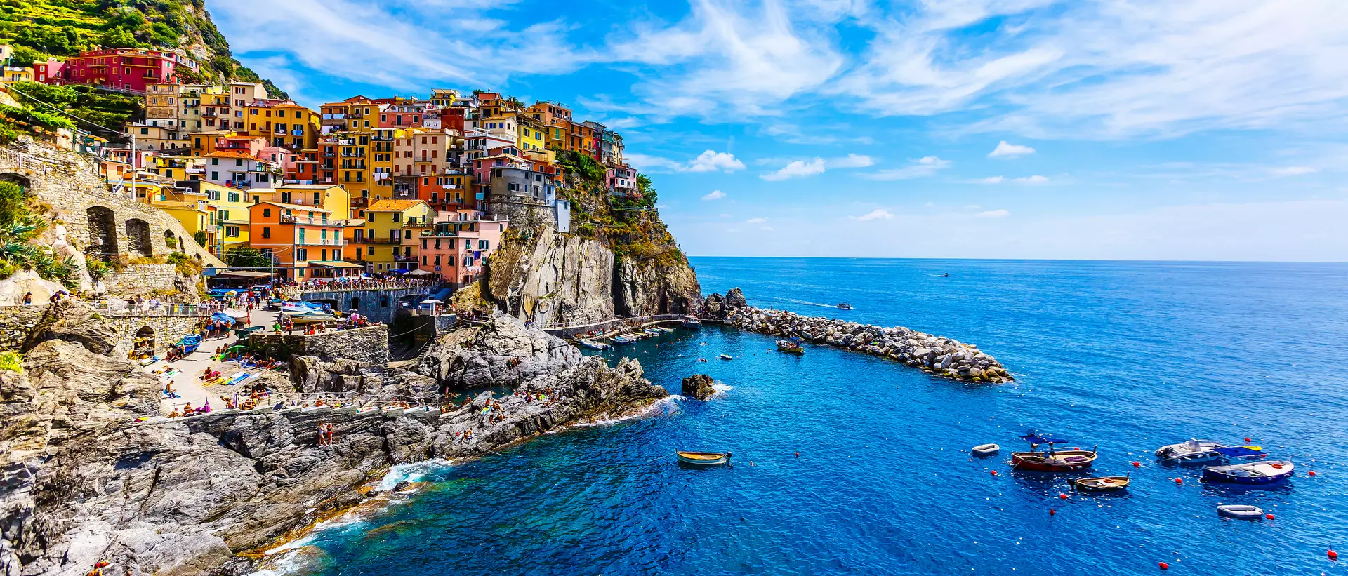 view of the colourful cliffside homes of Cinque Terre in Italy