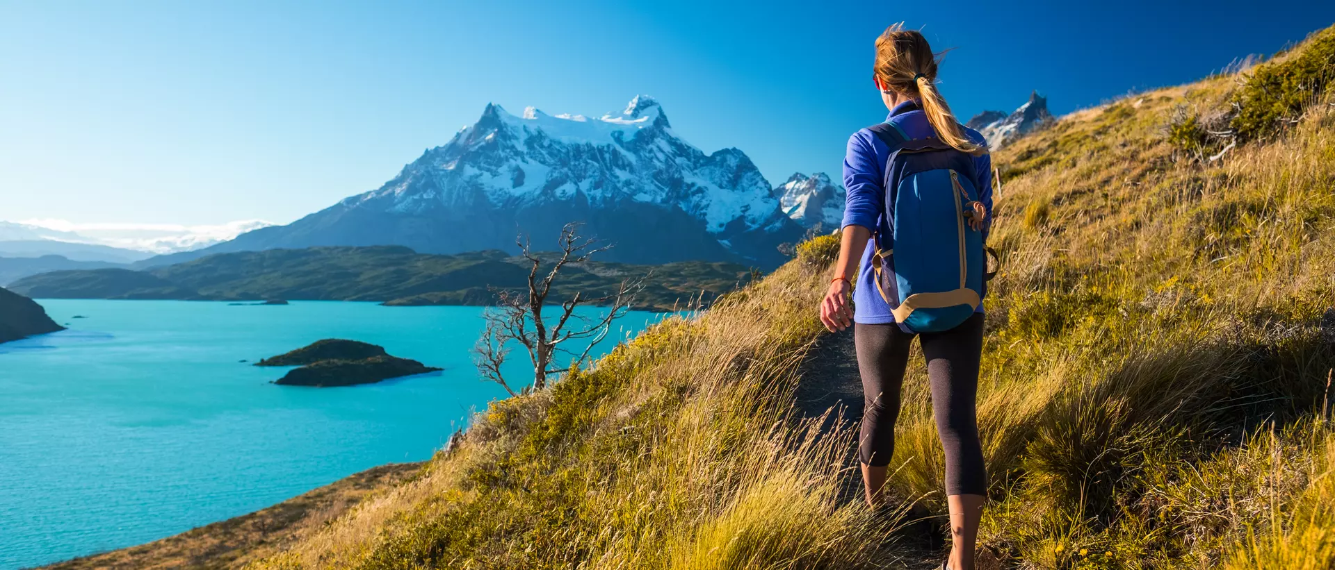 Woman hiker walks on the trail in the Torres del Paine National Park. Chile