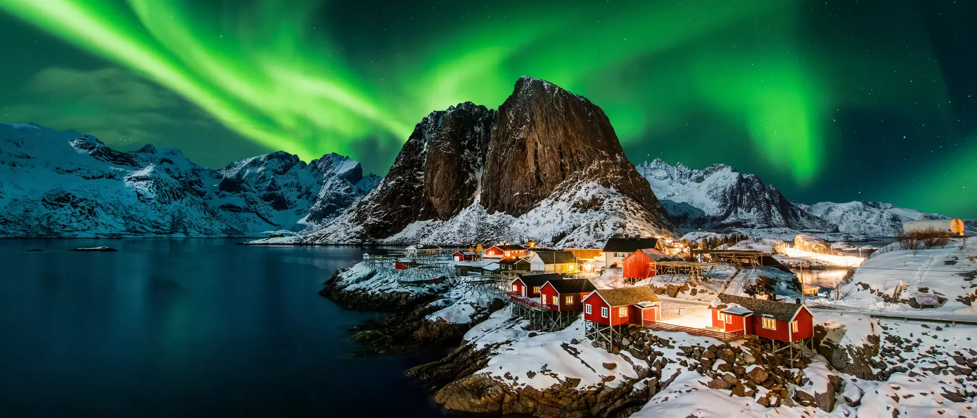 Aurora borealis over Hamnoy in Norway.