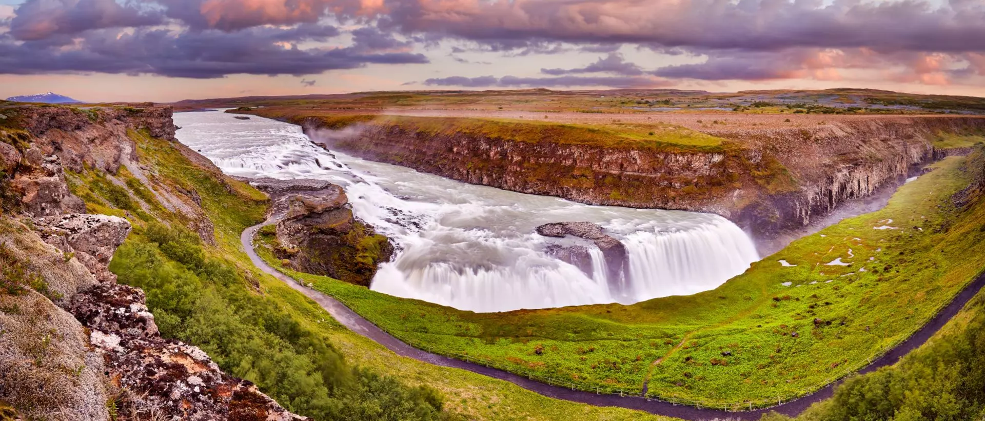 Panoramic view on Gullfoss waterfall on the Hvíta river, a popular tourist attraction and part of the Golden Circle Tourist Route in Southwest Iceland. 