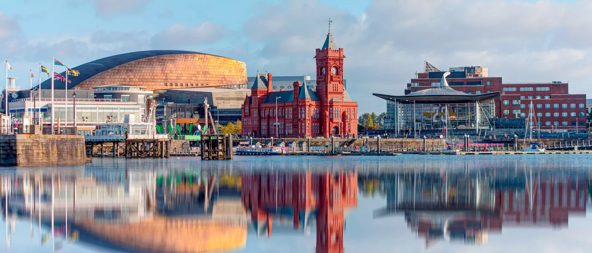 Panoramic view of Cardiff Bay, Wales.