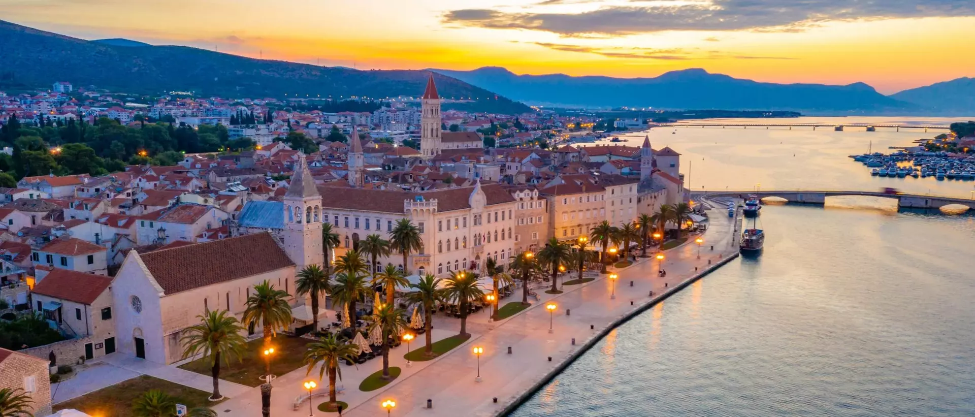 Sunrise view of seaside of Croatian town Trogir.
