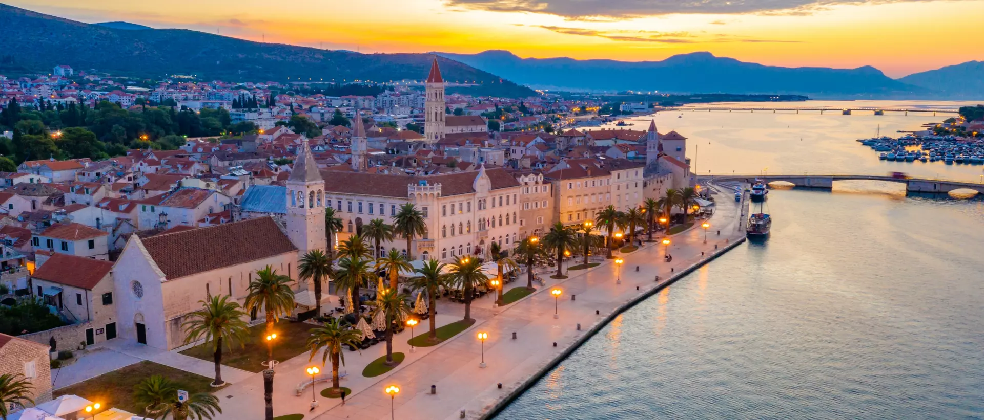 Sunrise view of seaside of Croatian town Trogir.
