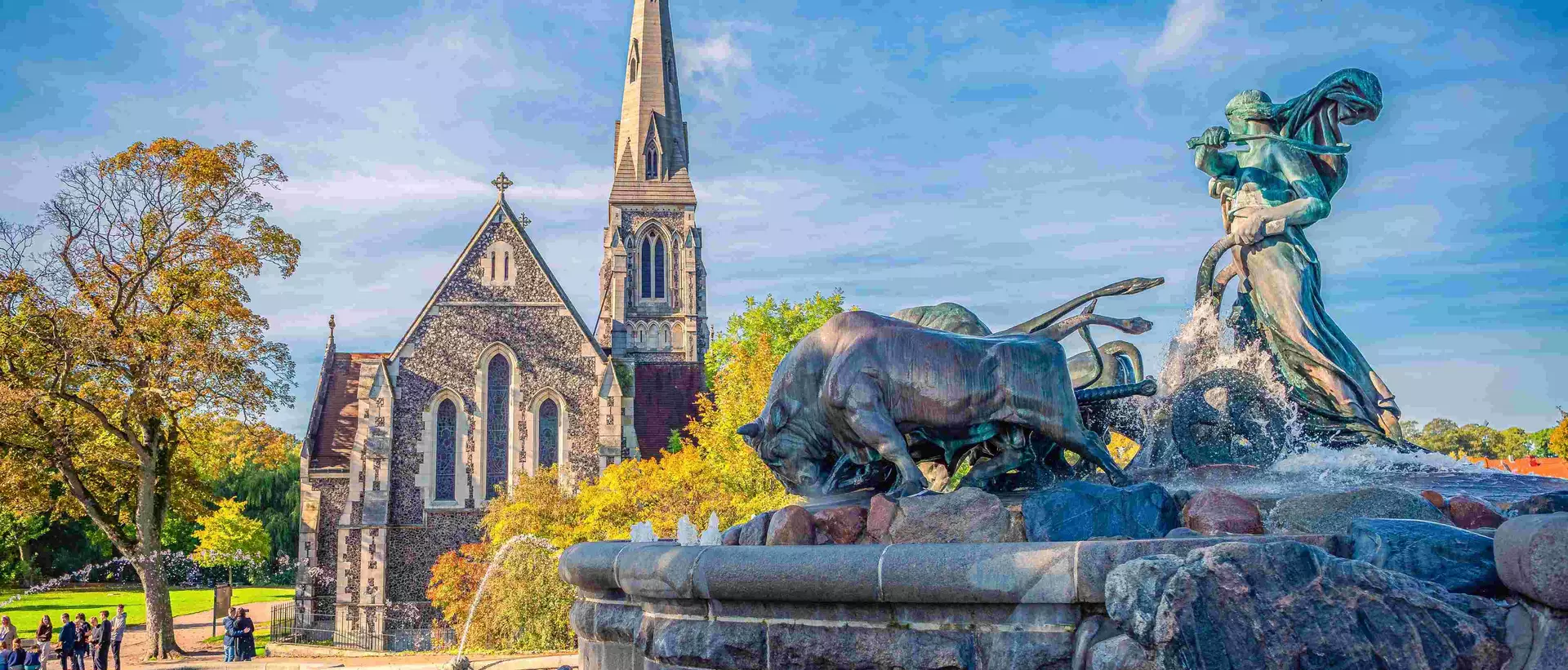 The St. Albans church with the Gefion Fountain in the foreground. Copenhagen, Denmark
